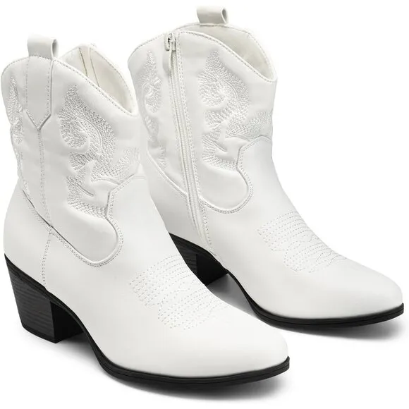Dream Pairs Women's White Faux Leather Low chunky Heel Short Booties Shoes