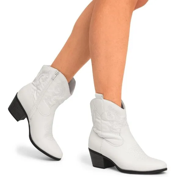 Dream Pairs Women's White Faux Leather Low chunky Heel Short Booties Shoes