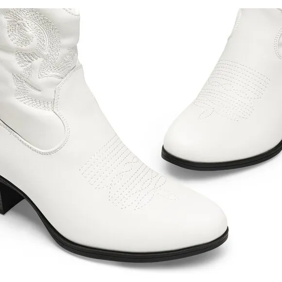 Dream Pairs Women's White Faux Leather Low chunky Heel Short Booties Shoes