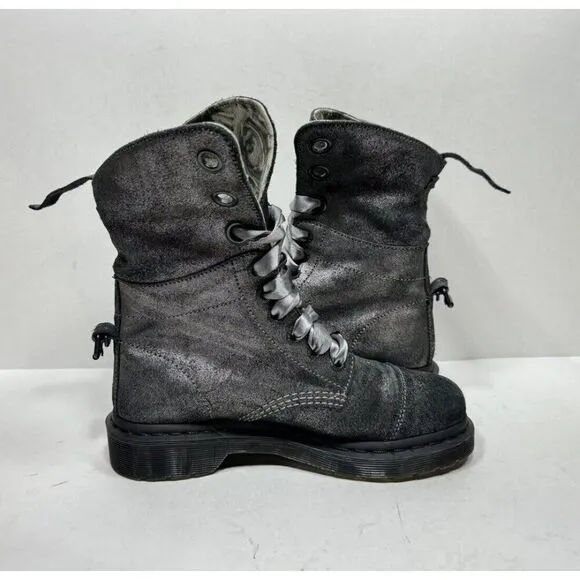 Dr. Martens Aimilie Women's Pewter Metallic Leather Fold Over 9 Eye Boots Size 6