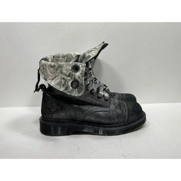 Dr. Martens Aimilie Women's Pewter Metallic Leather Fold Over 9 Eye Boots Size 6