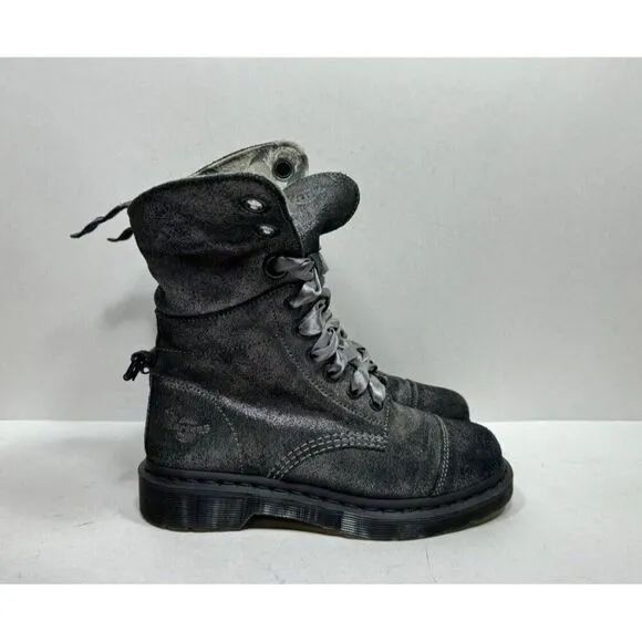 Dr. Martens Aimilie Women's Pewter Metallic Leather Fold Over 9 Eye Boots Size 6