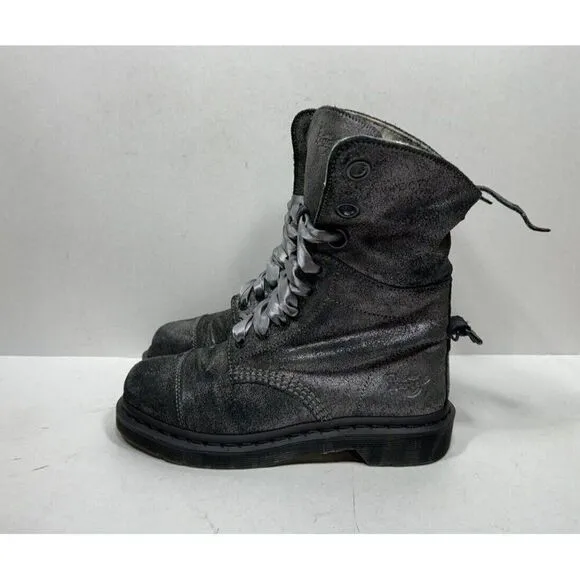 Dr. Martens Aimilie Women's Pewter Metallic Leather Fold Over 9 Eye Boots Size 6