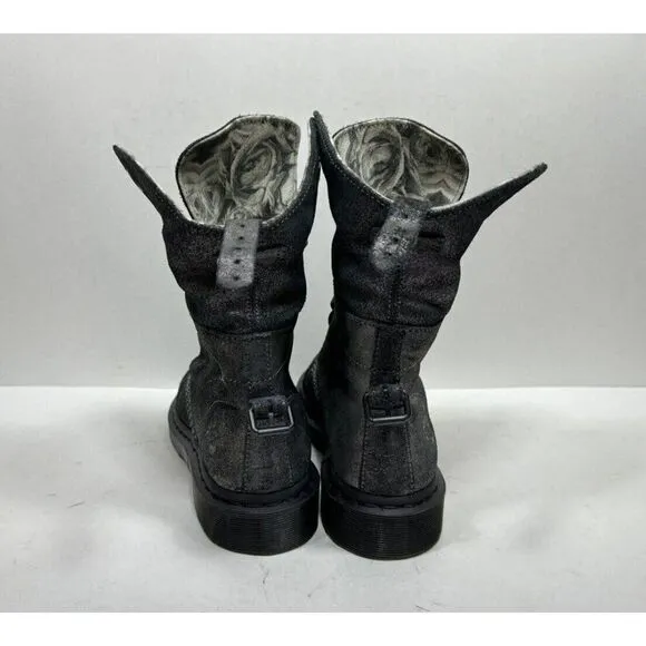 Dr. Martens Aimilie Women's Pewter Metallic Leather Fold Over 9 Eye Boots Size 6