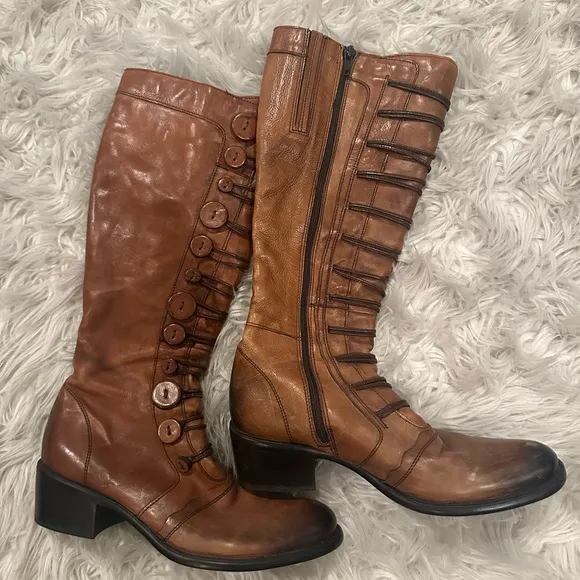 Dune Bertie Pixie Zip-up Button StyleLong Knee Boots Brown Size EU 38 Tic toc