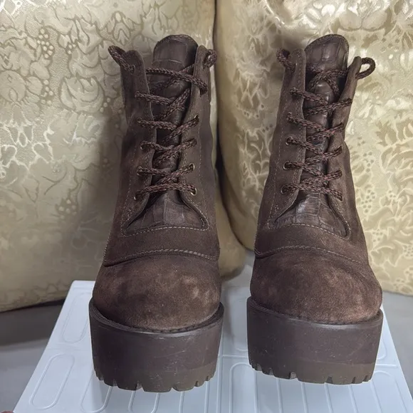 (E4) Stuart Weitzman Brown Suede Chunky Heel Lace Up Platform‎ Boots Size 7.5