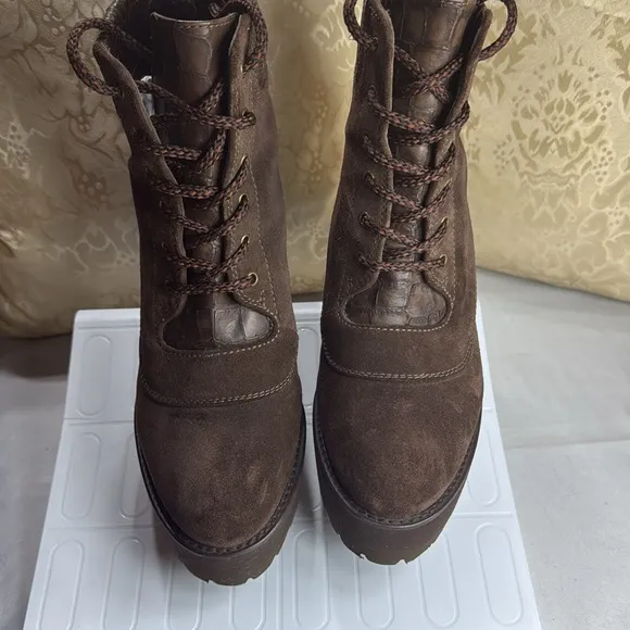 (E4) Stuart Weitzman Brown Suede Chunky Heel Lace Up Platform‎ Boots Size 7.5