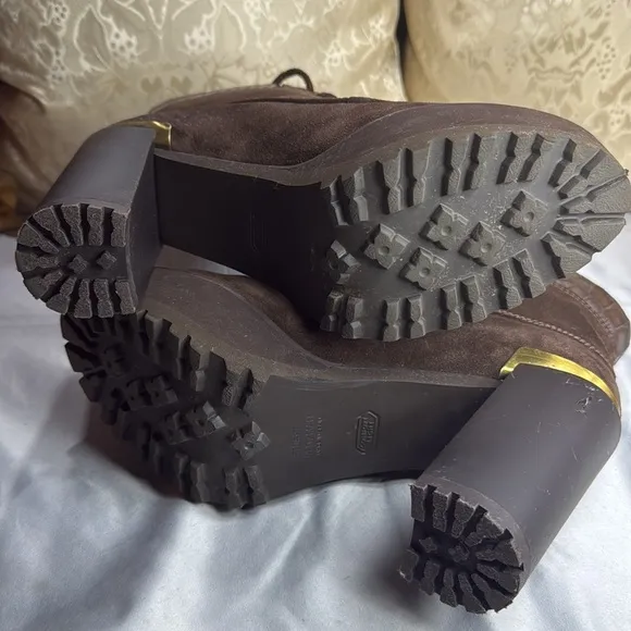 (E4) Stuart Weitzman Brown Suede Chunky Heel Lace Up Platform‎ Boots Size 7.5