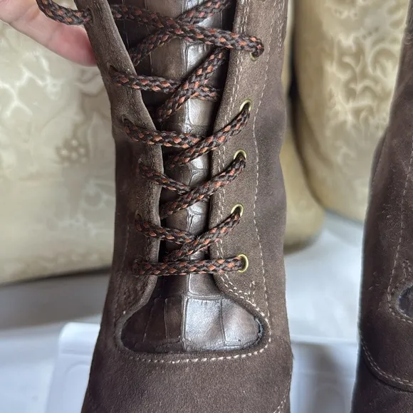 (E4) Stuart Weitzman Brown Suede Chunky Heel Lace Up Platform‎ Boots Size 7.5