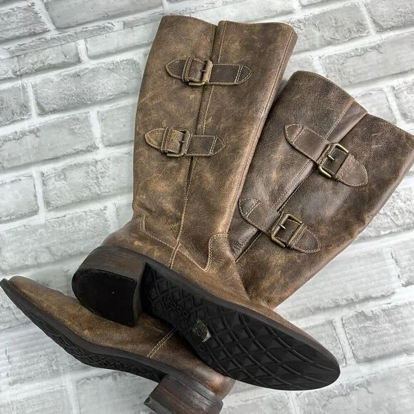 Ecco Hobart Women's Size 38-7-7.5 Distressed Brown Leather Buckle Riding Boots