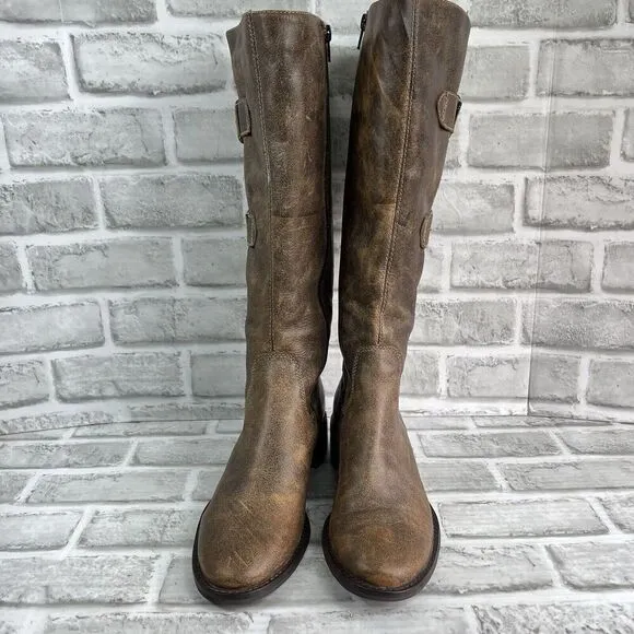 Ecco Hobart Women's Size 38-7-7.5 Distressed Brown Leather Buckle Riding Boots