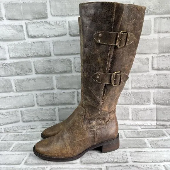 Ecco Hobart Women's Size 38-7-7.5 Distressed Brown Leather Buckle Riding Boots