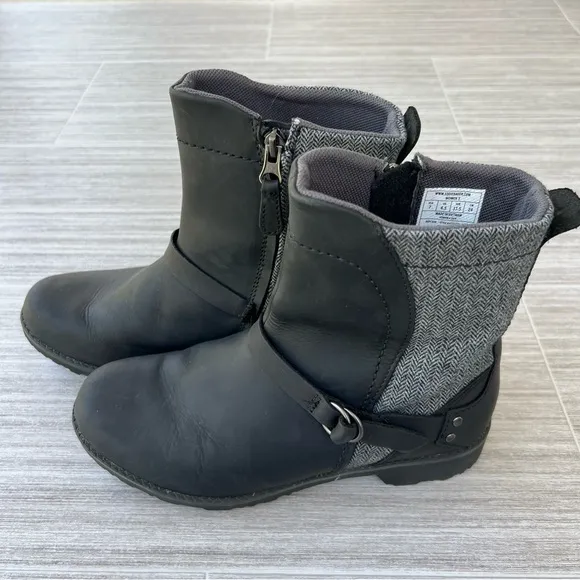 Eddie Bauer Covey Ankle Boots, Black Leather and Herringbone, size 7, EUC