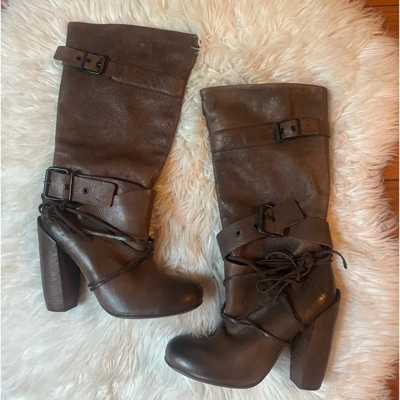 ELISANERO Italy Genuine Brown Leather Knee High Lace Up Stacked Heel Boots Rare