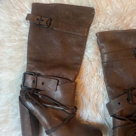 ELISANERO Italy Genuine Brown Leather Knee High Lace Up Stacked Heel Boots Rare