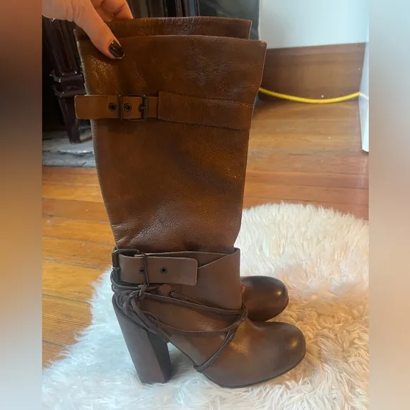 ELISANERO Italy Genuine Brown Leather Knee High Lace Up Stacked Heel Boots Rare