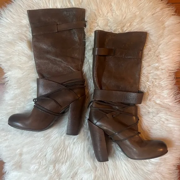 ELISANERO Italy Genuine Brown Leather Knee High Lace Up Stacked Heel Boots Rare