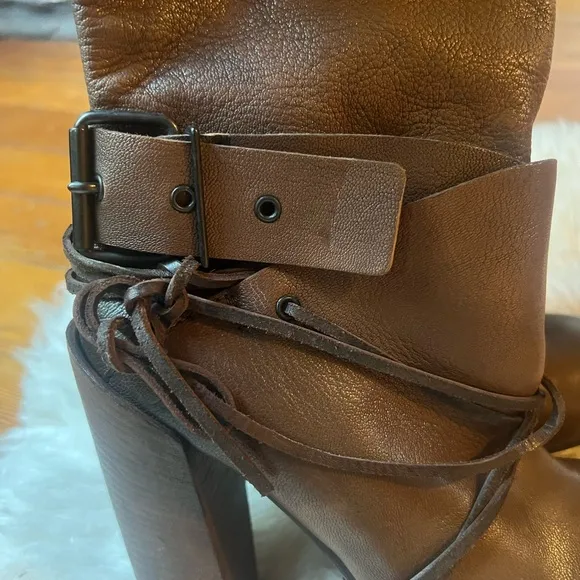 ELISANERO Italy Genuine Brown Leather Knee High Lace Up Stacked Heel Boots Rare