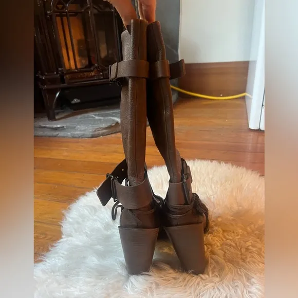 ELISANERO Italy Genuine Brown Leather Knee High Lace Up Stacked Heel Boots Rare