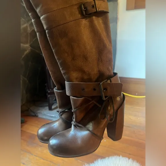 ELISANERO Italy Genuine Brown Leather Knee High Lace Up Stacked Heel Boots Rare