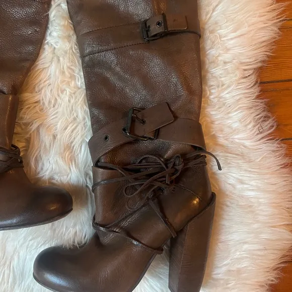 ELISANERO Italy Genuine Brown Leather Knee High Lace Up Stacked Heel Boots Rare