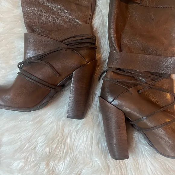 ELISANERO Italy Genuine Brown Leather Knee High Lace Up Stacked Heel Boots Rare