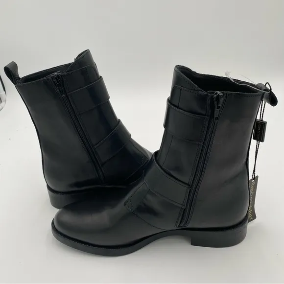 Emanuele Crasto Double Buckle Leather Moto Biker Boots Shoe Black Size 7.5 (NWT)