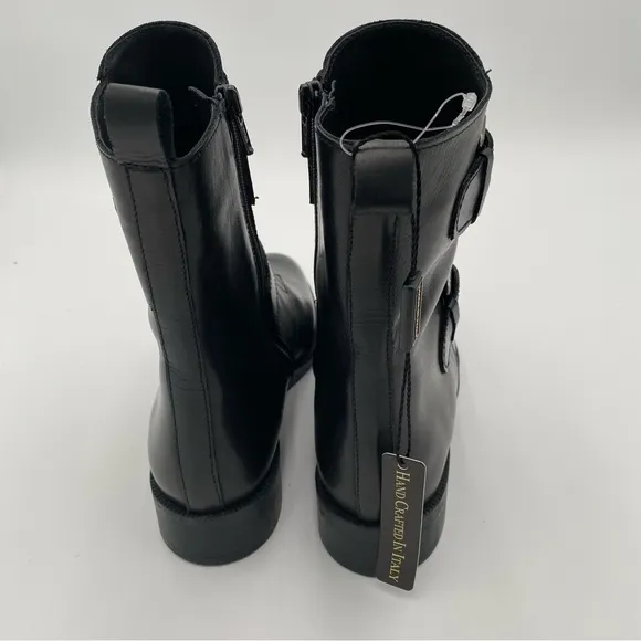 Emanuele Crasto Double Buckle Leather Moto Biker Boots Shoe Black Size 7.5 (NWT)
