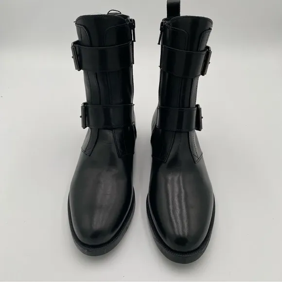 Emanuele Crasto Double Buckle Leather Moto Biker Boots Shoe Black Size 7.5 (NWT)