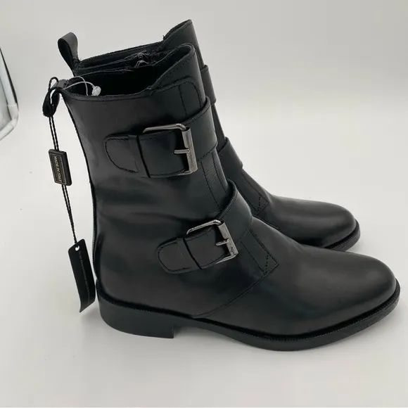 Emanuele Crasto Double Buckle Leather Moto Biker Boots Shoe Black Size 7.5 (NWT)