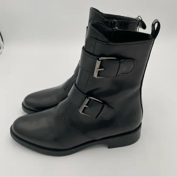 Emanuele Crasto Double Buckle Leather Moto Biker Boots Shoe Black Size 7.5 (NWT)