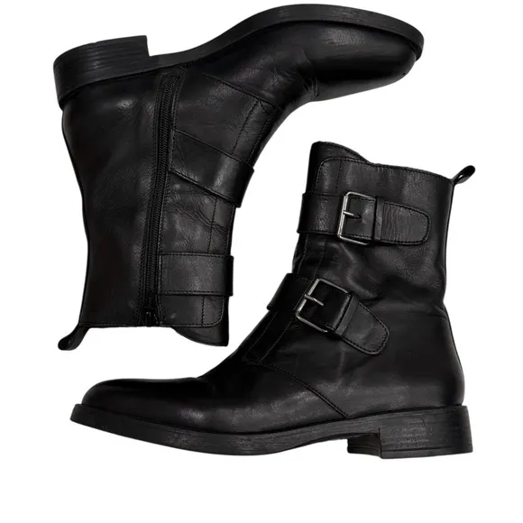 Emanuele Crasto Size 9 EU 40 Italy Black Leather Italian Moto Boots Buckle Zip