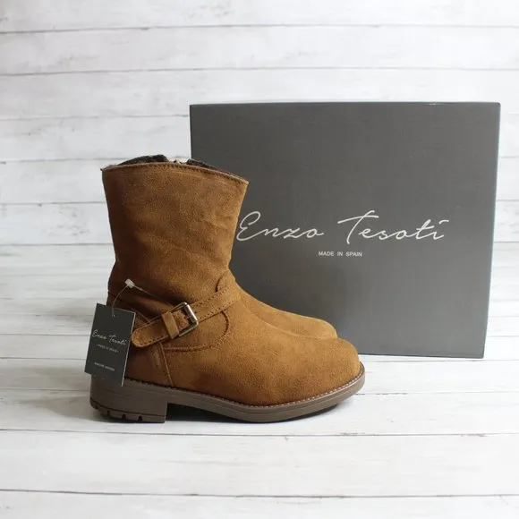 Enzo Tesoti Girl Kid Size 2 Brown Genuine Suede Leather Boots Fur Lined