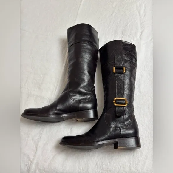 Escada Black Leather Pull On Riding Boots Gold Buckle Side Classic Size 37 Rare