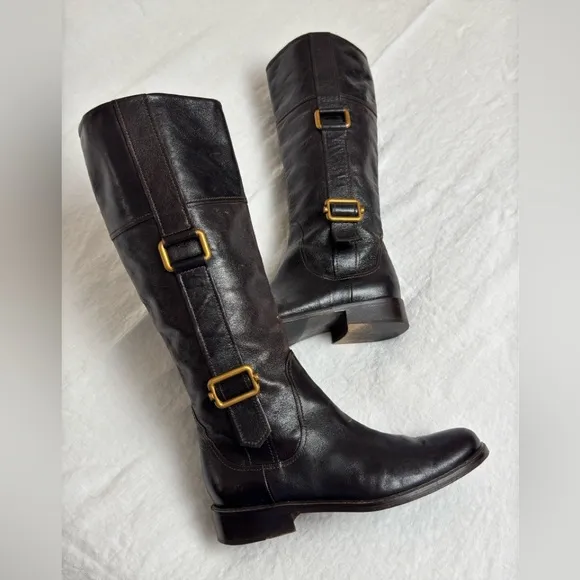 Escada Black Leather Pull On Riding Boots Gold Buckle Side Classic Size 37 Rare