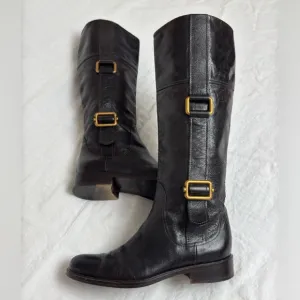 Escada Black Leather Pull On Riding Boots Gold Buckle Side Classic Size 37 Rare