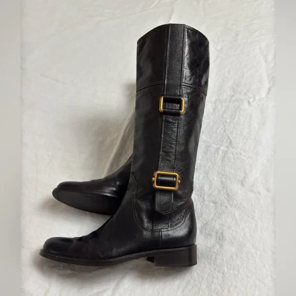Escada Black Leather Pull On Riding Boots Gold Buckle Side Classic Size 37 Rare