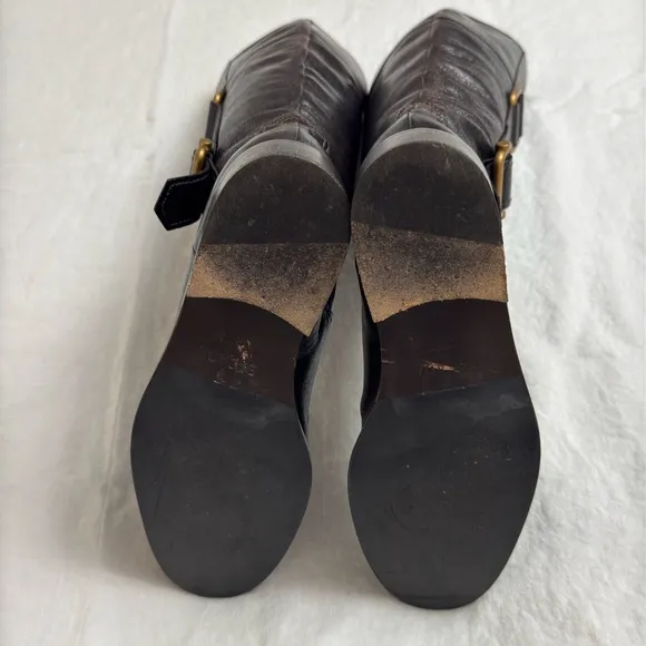 Escada Black Leather Pull On Riding Boots Gold Buckle Side Classic Size 37 Rare