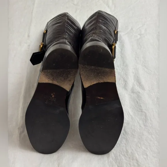 Escada Black Leather Pull On Riding Boots Gold Buckle Side Classic Size 37 Rare