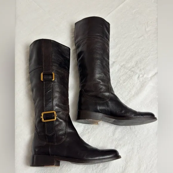 Escada Black Leather Pull On Riding Boots Gold Buckle Side Classic Size 37 Rare