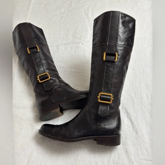 Escada Black Leather Pull On Riding Boots Gold Buckle Side Classic Size 37 Rare