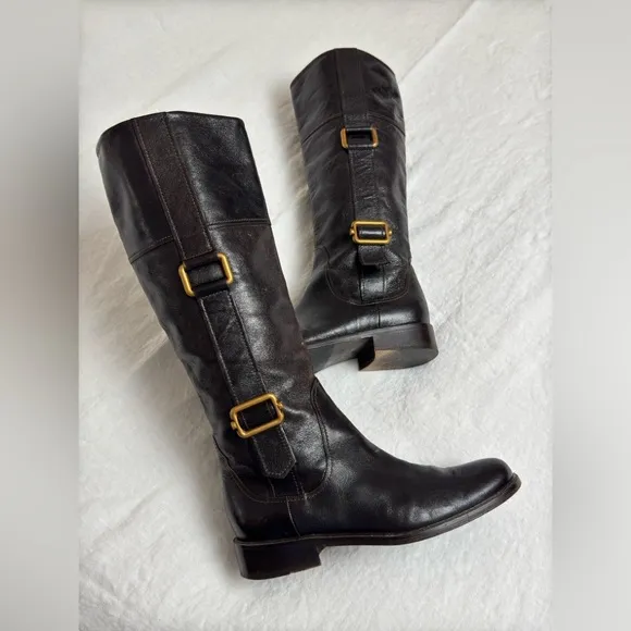 Escada Black Leather Pull On Riding Boots Gold Buckle Side Classic Size 37 Rare