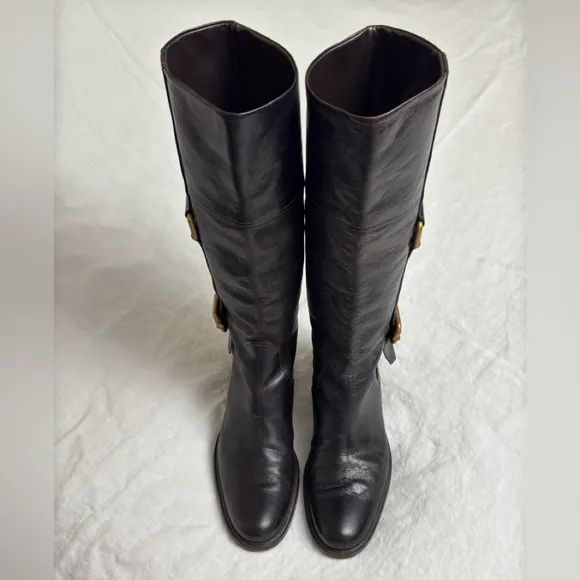 Escada Black Leather Pull On Riding Boots Gold Buckle Side Classic Size 37 Rare