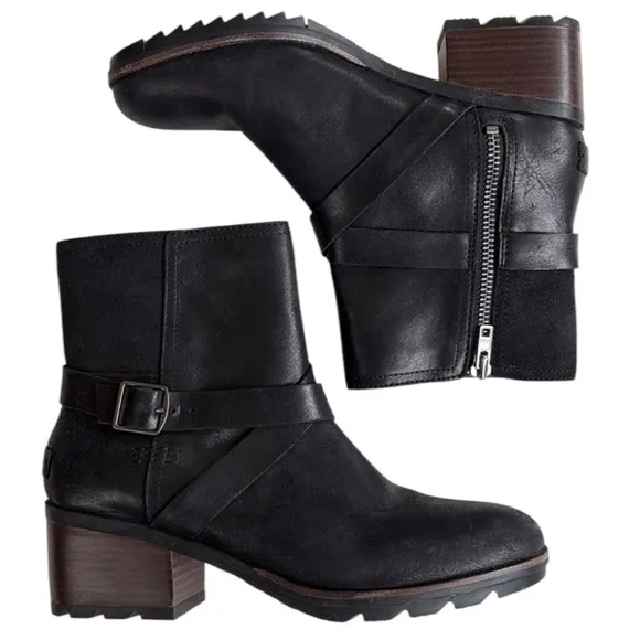 EUC Sorel Leather Cate Heeled Ankle Boots Waterproof Black Size 8.5