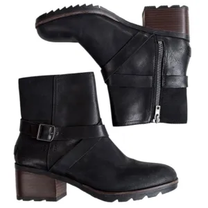 EUC Sorel Leather Cate Heeled Ankle Boots Waterproof Black Size 8.5