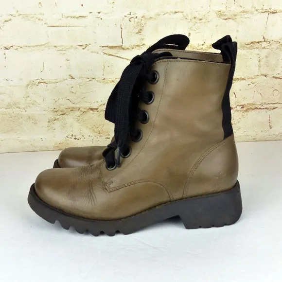 Fly London Ragi 539Fly Leather Combat Boots 36 5.5 Tan Ankle Lace Up Grunge FLAW