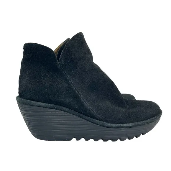 Fly London Women's Yama Black Suede Wedge Ankle Boots