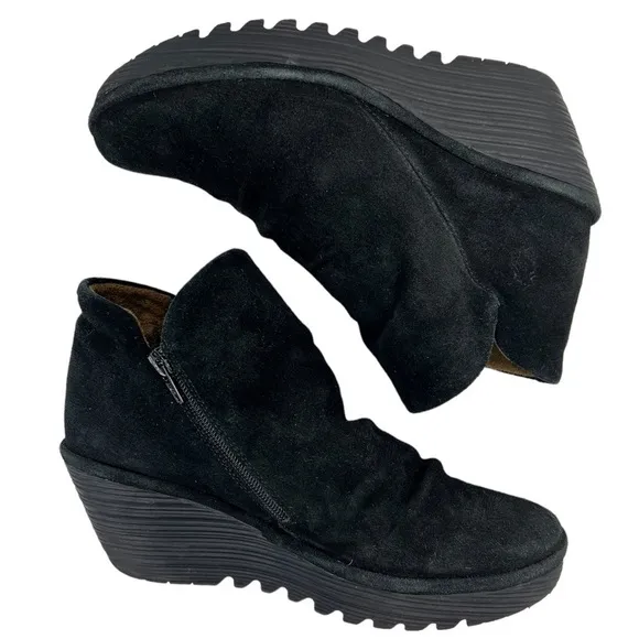 Fly London Women's Yama Black Suede Wedge Ankle Boots