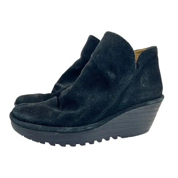 Fly London Women's Yama Black Suede Wedge Ankle Boots