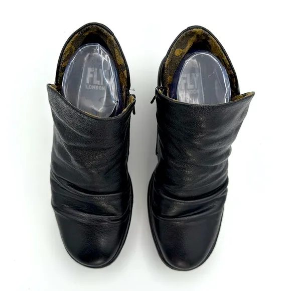 Fly London - women’s Yip Black Leather Wedge Ankle Boots heeled bootie 7.5 / 8